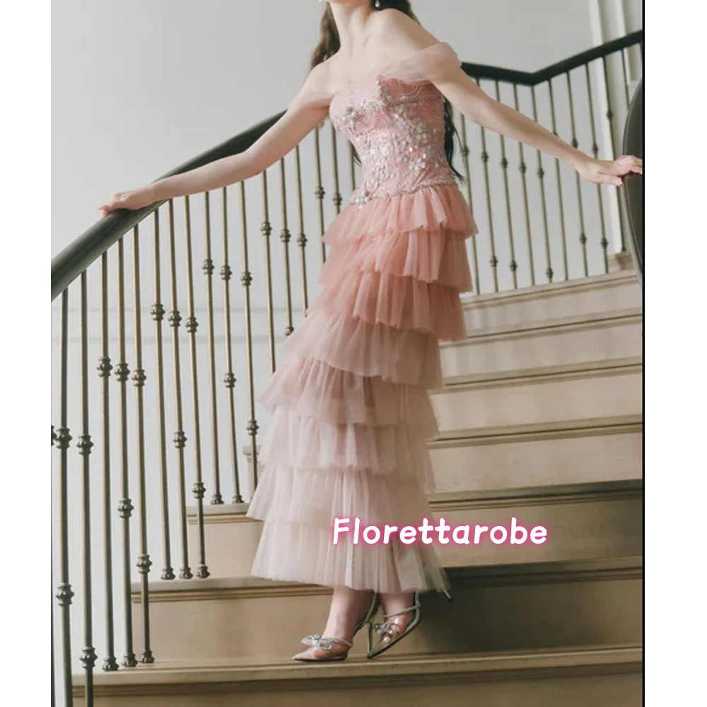 

Customized Exquisite Tulle Boat Neck Evening Dress Delicate Tiered Prom Dresses Formal Princess Sequined Party Gowns