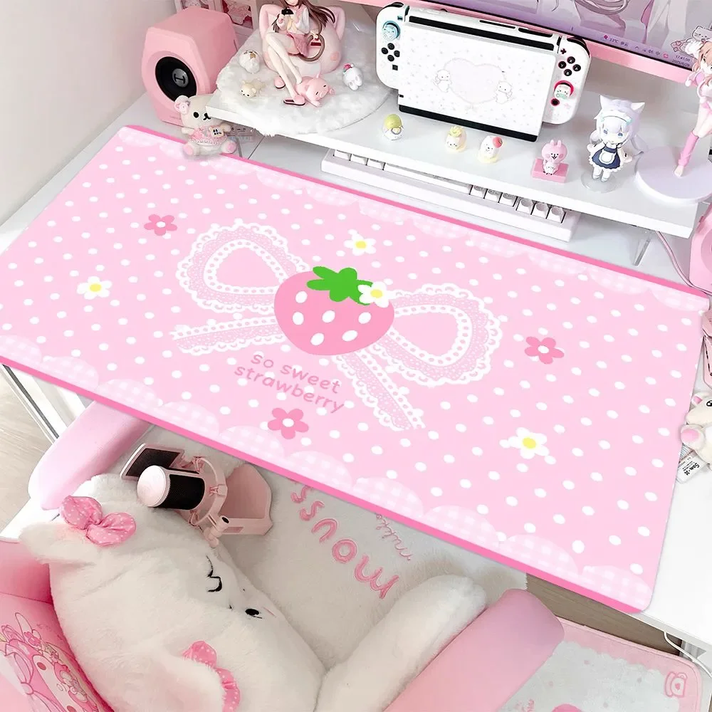 Protetor de Mesa de Couro Rosa com Bolinhas e Morangos Y2K, Mouse Pad com Laço, Tapete de Mesa para Escritório, Impermeável, Antiderrapante, em PU
