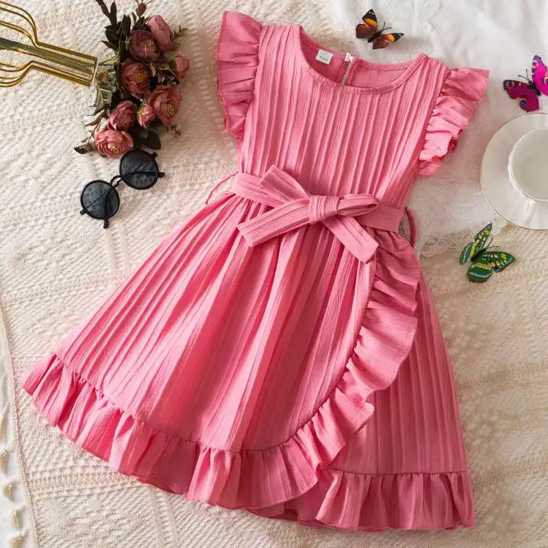 

Summer Fashion Girls New Solid Color Wave Stripe Flying Sleeve Round Neck Ruffle Edge Dress for Baby Girls Waist Cinching Dress