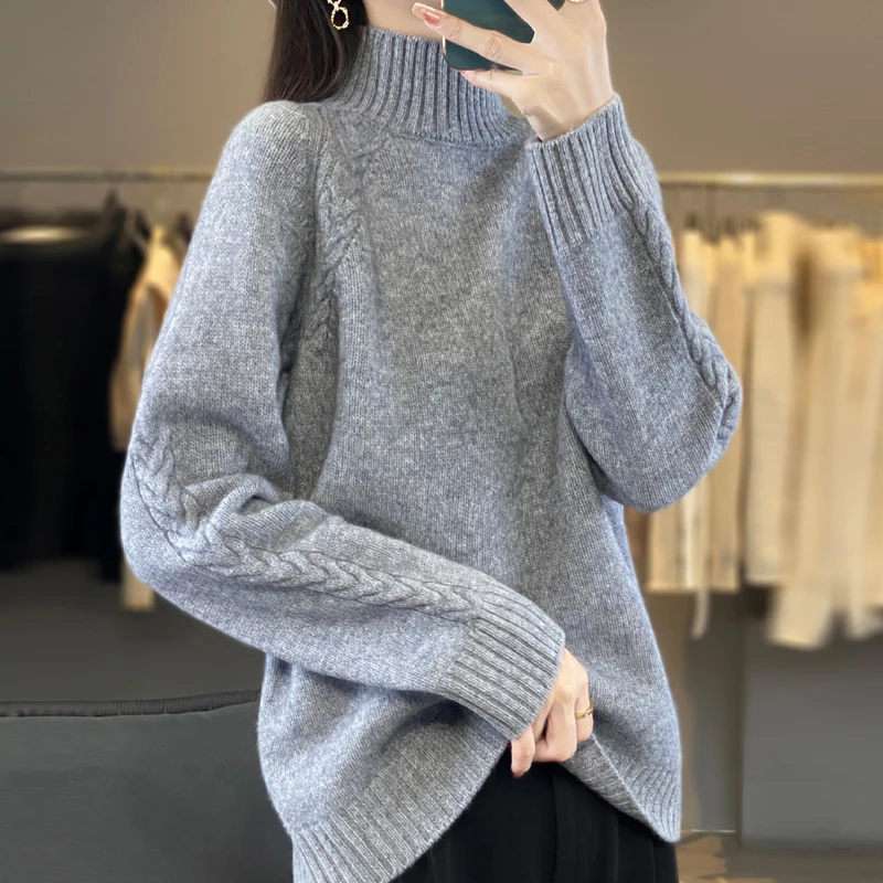 Frauen Pullover Für Winter 100% Merino Wolle Mock Neck Dicke Warme Pullover Twist Blume Langarm Reine Wolle Stricken Koreanische Mode