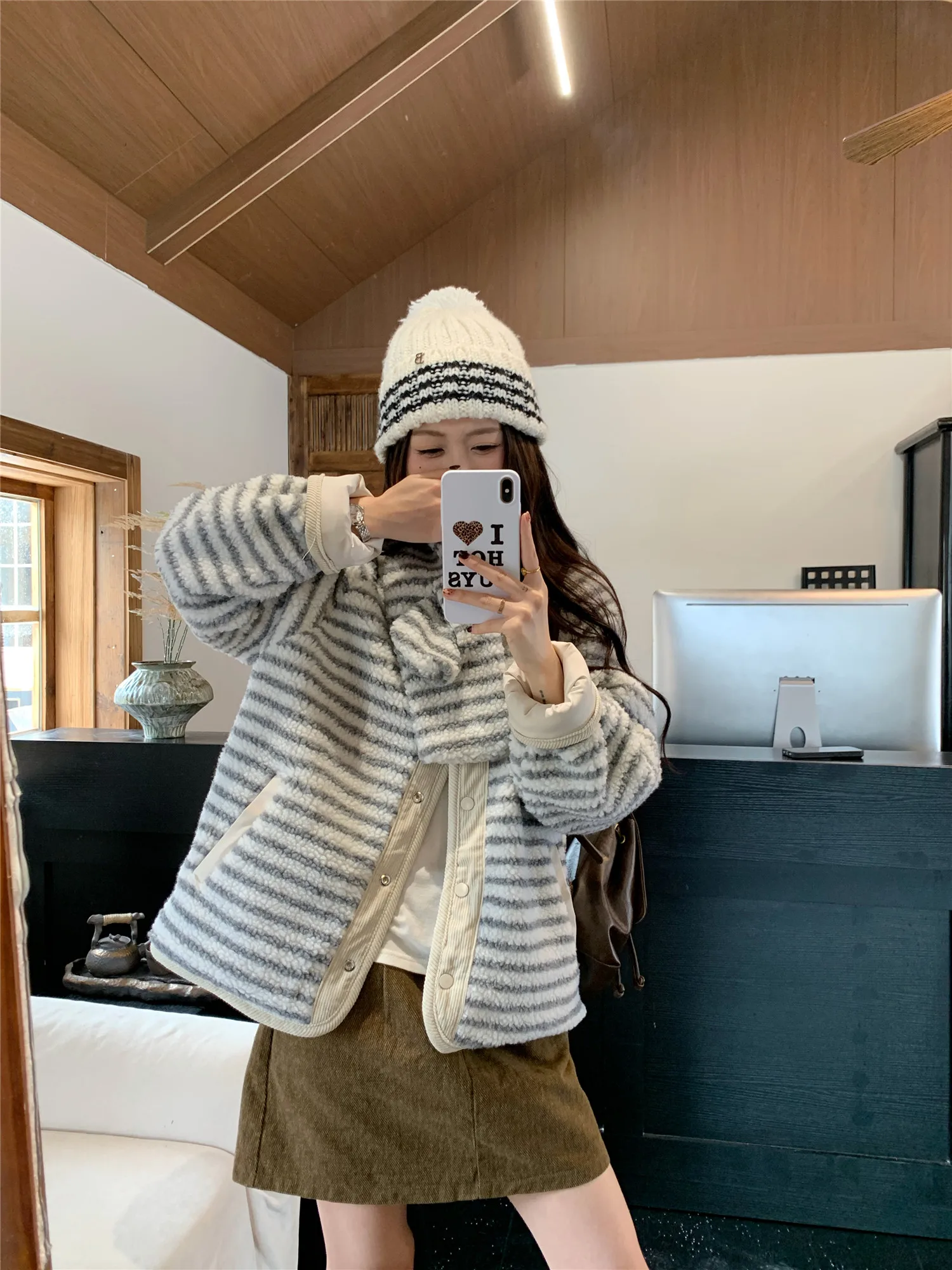 Korean Sweet Two Side Wear Padded Jacket Women Fleece Lined Thick Warm Parkas Woman Lazy Style Stripe Scarf Winter Jackets