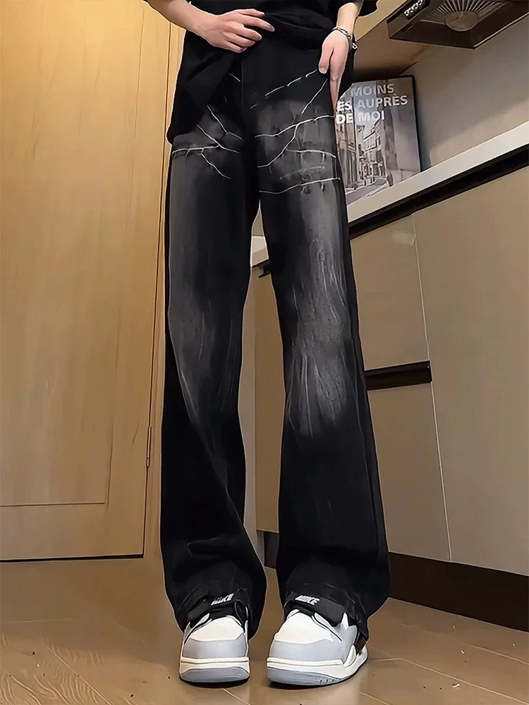 

Lightning Cra Pattern Jeans High Waist Straight Leg Extended Length ex Spring Autumn Wear Resistant Casual Trousers