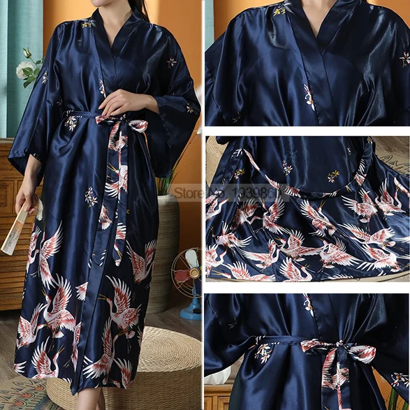 Print Crane Robe Gown Nightdress Female Sleepwear Kimono Bathrobe Nightgown Summer Loose Sleepdress Satin V-Neck Loungewear