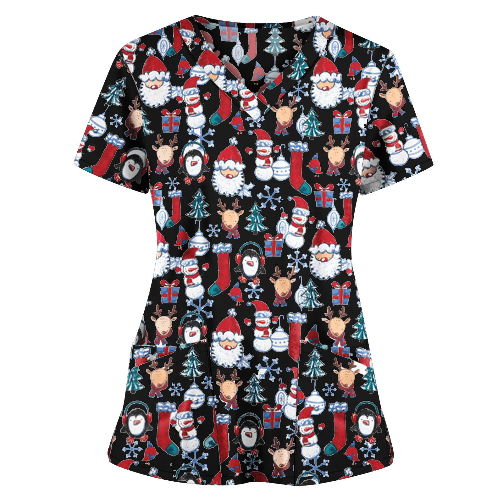 Uniformes de enfermera de Navidad para mujer, Tops estampados de Navidad, manga corta, cuello en V, ropa de trabajo de salud suelta, uniformes de enfermera médica