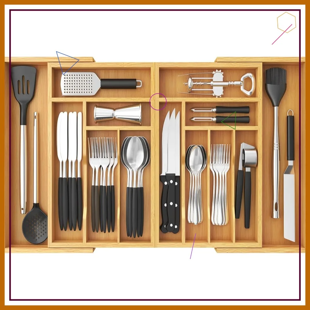

Expandable Bamboo Silverware Drawer Organizer, 21.4-36 Inches, 13 Compartments for Spoons Forks Knives, Natural