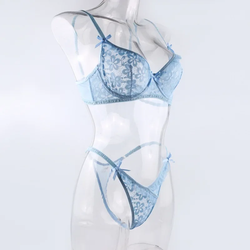 

Blue Romantic Lace Bow Tie Push Up Bra And Thong Lingerie Two Piece Sets Fancy Ruffle Patchwork Erotic Suit Delicate Fairy Set