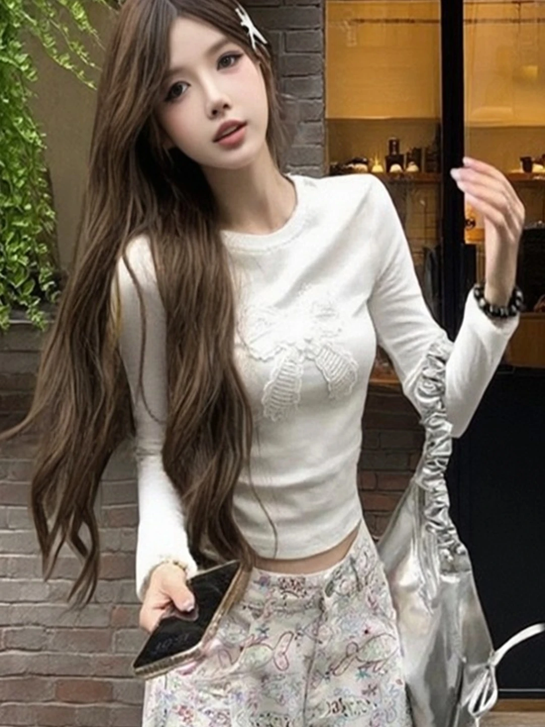 

Korean Style Long Sleeve Embroidered T-Shirt Women's Autumn Winter Short Style Spicy Girl Shoulder Level Inner Wear Top
