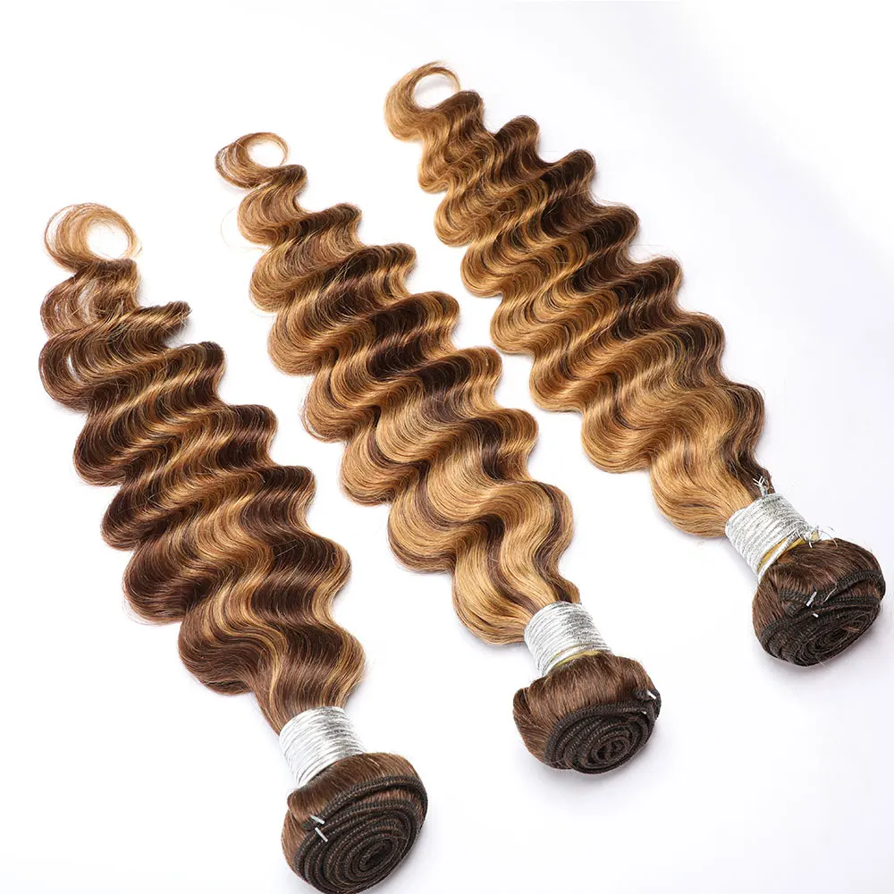 30 inch Highlight Loose Deep Wave Human Hair Bundles P4/27 Ombre Brown Hair Highlight Honey Blonde Human Hair Bundles 1 3 4 pc