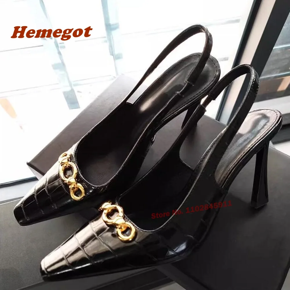 

Croc-Pattern Slingback Pumps Square Toe Chain Decor Strange Style Women's Pumps Black Summer Glossy Sexy High Heels Luxury Shoes