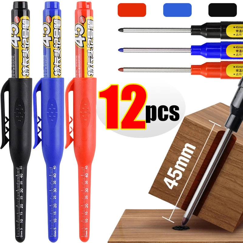 1-12Pcs Multi-Purpose 45mm Deep Drill Hole Long Nib Waterproof Marker Pens for Bathroom Woodworking Long Head Carpenter Pen