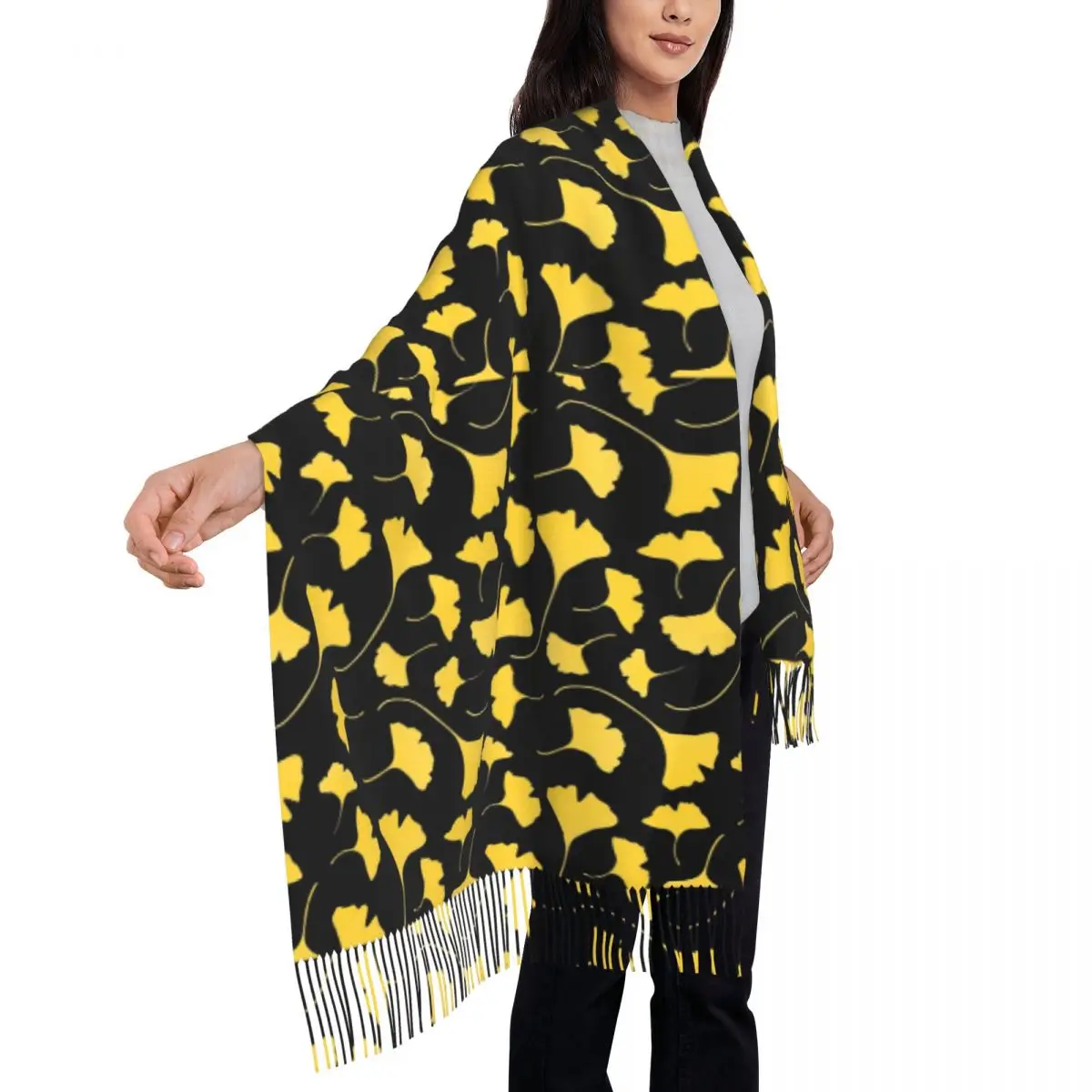 

Ginkgo Biloba Scarf with Long Tassel Yellow Leaves Print Warm Soft Shawls and Wrap Women Custom Headwear Scarves Autumn Bandana