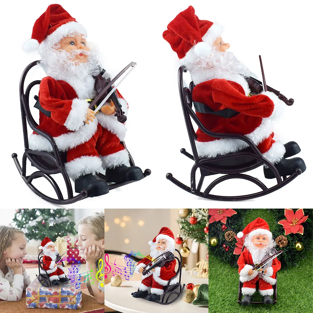 Christmas Rocking Chair Santa Claus Music Toy Battery Powered Mini Santa Claus Playing The Violin Sculpture for Xmas Ornaments