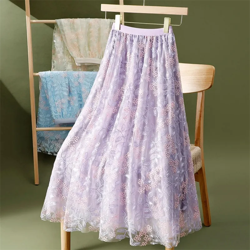 

Сетчатая юбка с цветочным принтом для женщин, 2024, кружевная флокированная модная большая эластичная эластичная юбка с высокой талией, элегантная вечерняя юбка трапециевидной формы с вышивкой