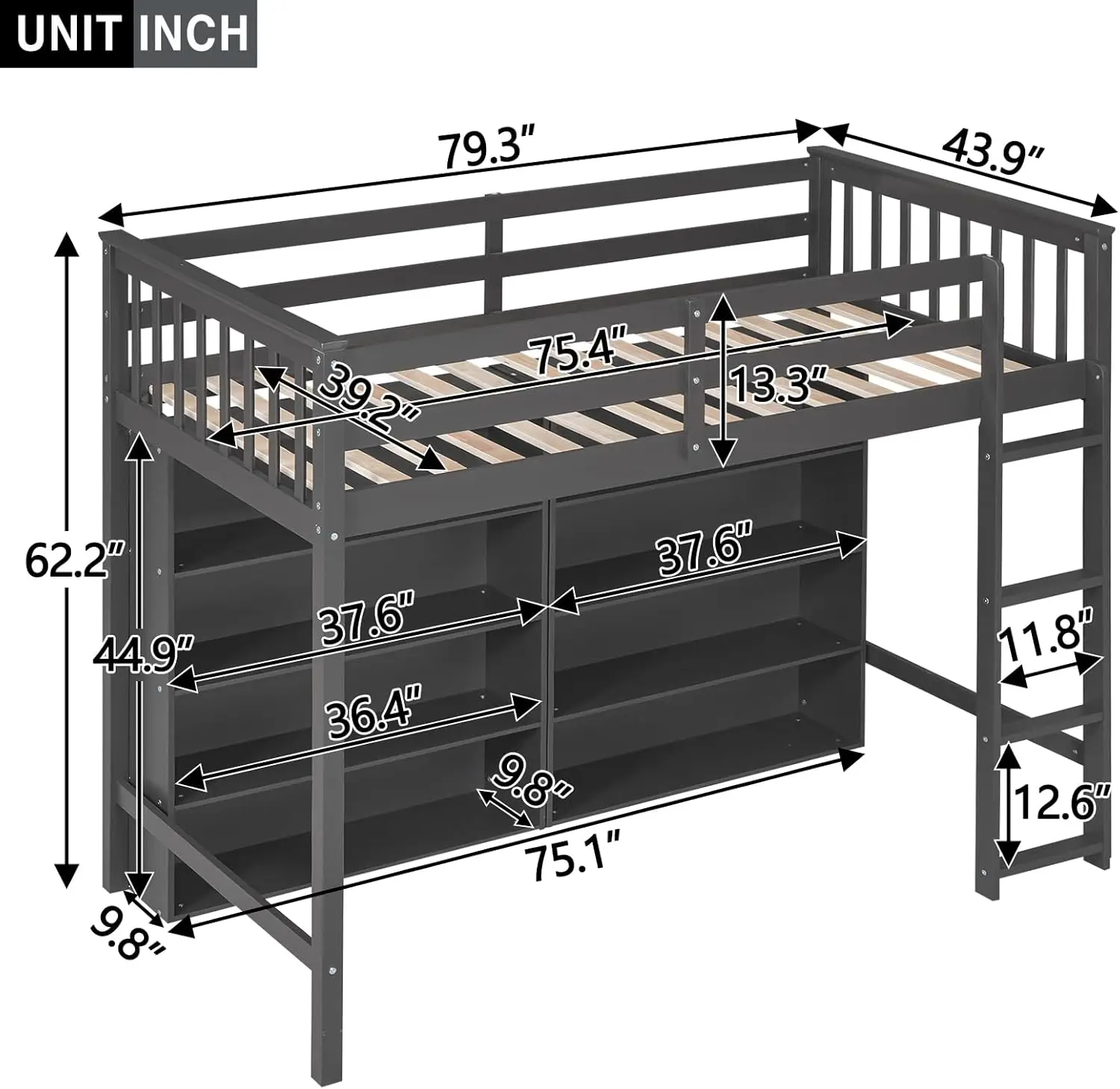 Twin Loft Bed With 8 Storage Shelves, Wooden Loft Beds Frame With Bookcase, High Loft Bed With Ladder For Kids Boys Girls