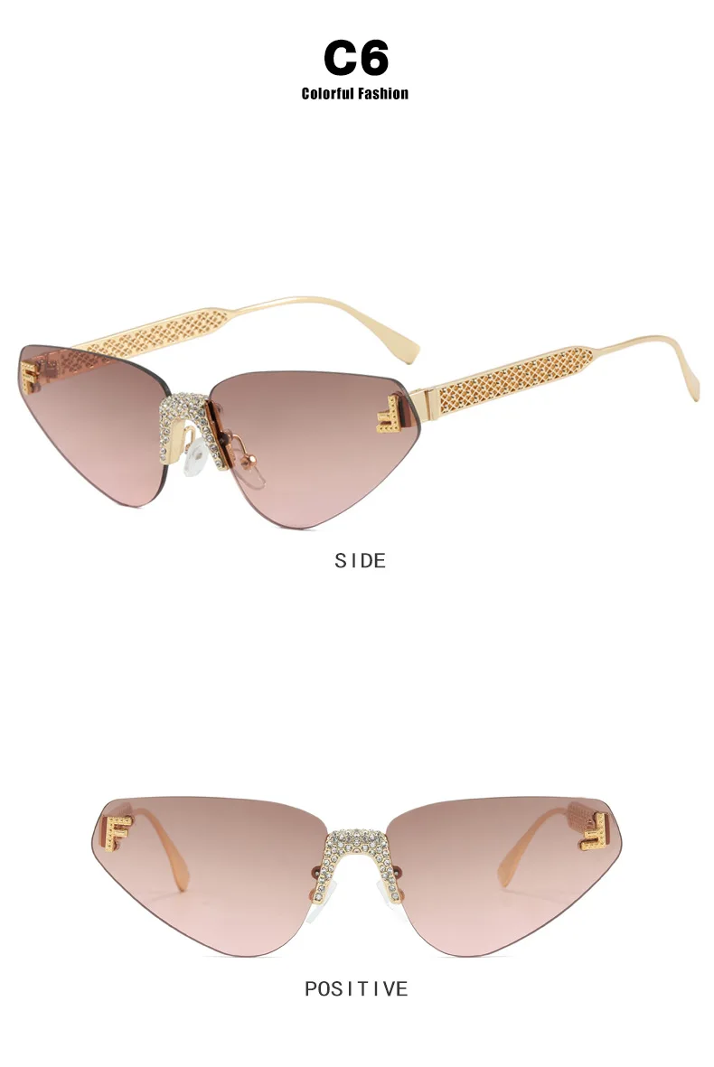 Frauen Sexy Cat Eye Randlose Strass Sonnenbrille Luxus Marke Designer Retro Punk Metall Sonnenbrille männer UV400 Fahren Gläser – Detail 12