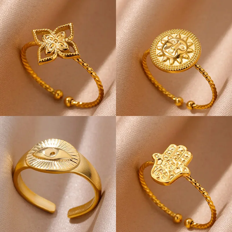 

Stainless Steel Evil Eye Sun Rings For Women Gold Color Geometric Flower Ring Aesthetic Wedding Party Fashion Jewerly Gift 2024