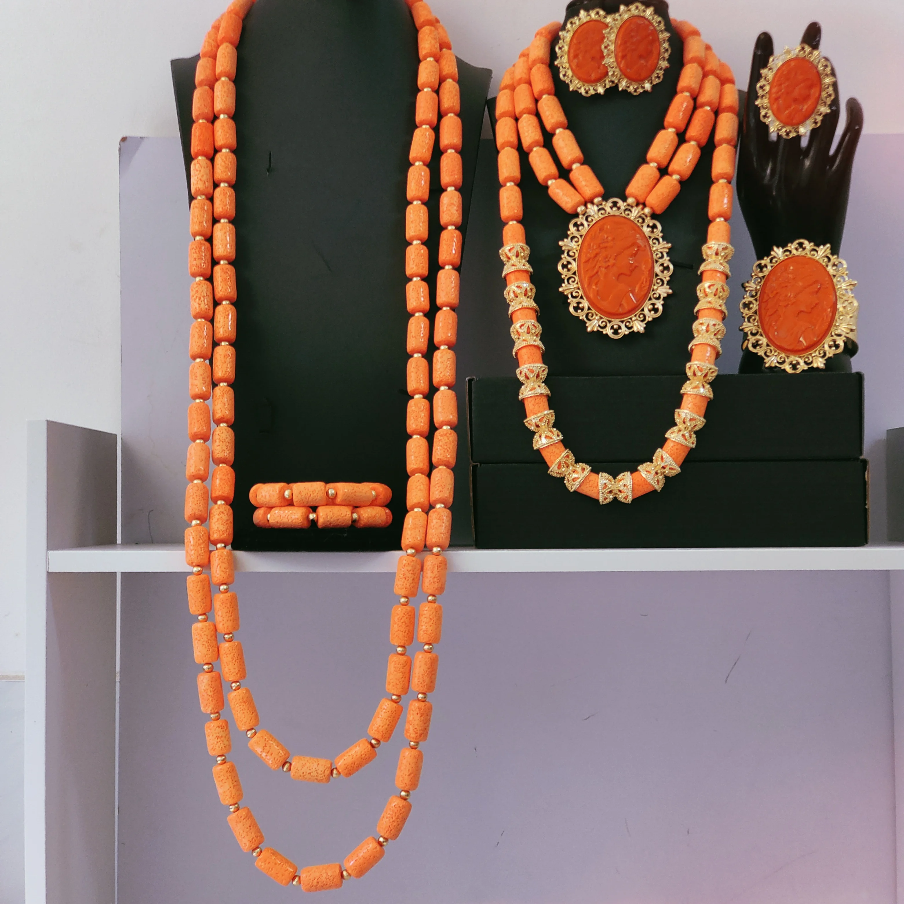 Italian British American Igbo coral bead couple set, African wedding nigerian beads jewelry set