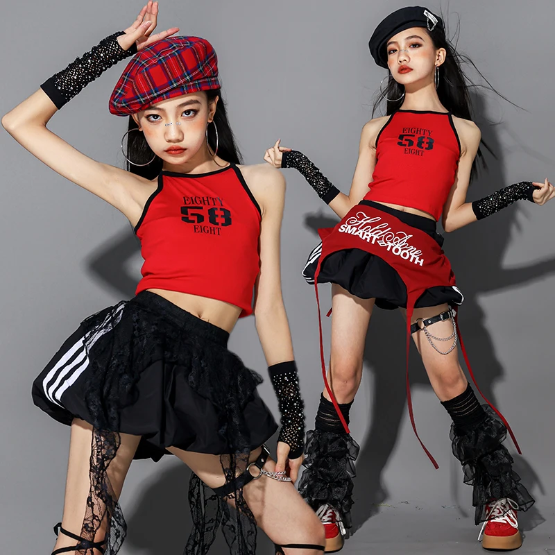 Girls Hip Hop Crop Red Tank Tops Cargo Shorts Children K-pop Street Dance Costume Kids Girl Group Streetwear Jazz Clothes Sets