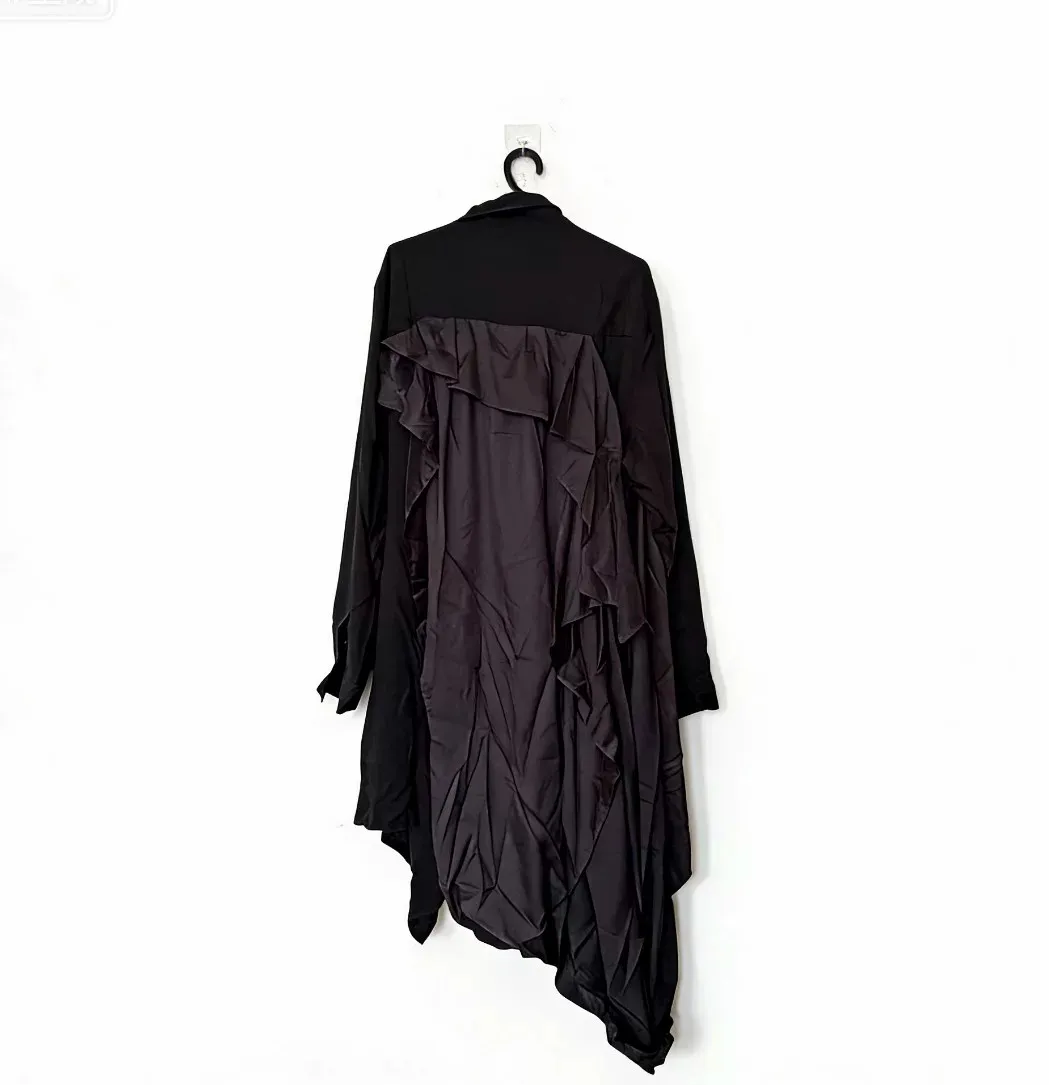 FANDISHI Men's Casual Shirt with Sash Black Splice Design Elegant Males' Fashion Top for Business And Daily Wear