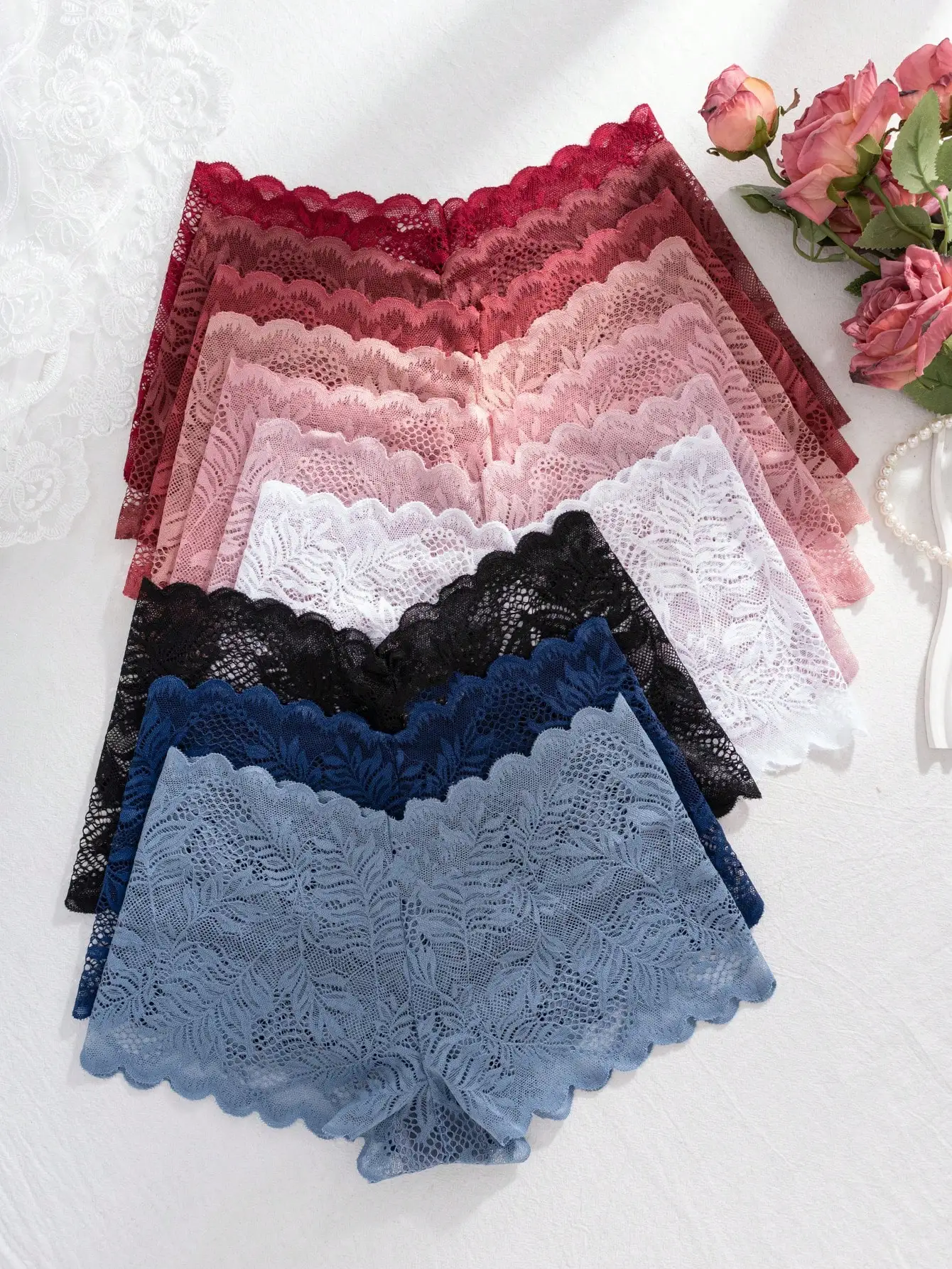 10Pcs Floral Sheer Lace Boyshort Panties Women Mid Rise Anti Chafing Boxer Briefs Breathable Cotton Crotch Sexy Transparent Ladi