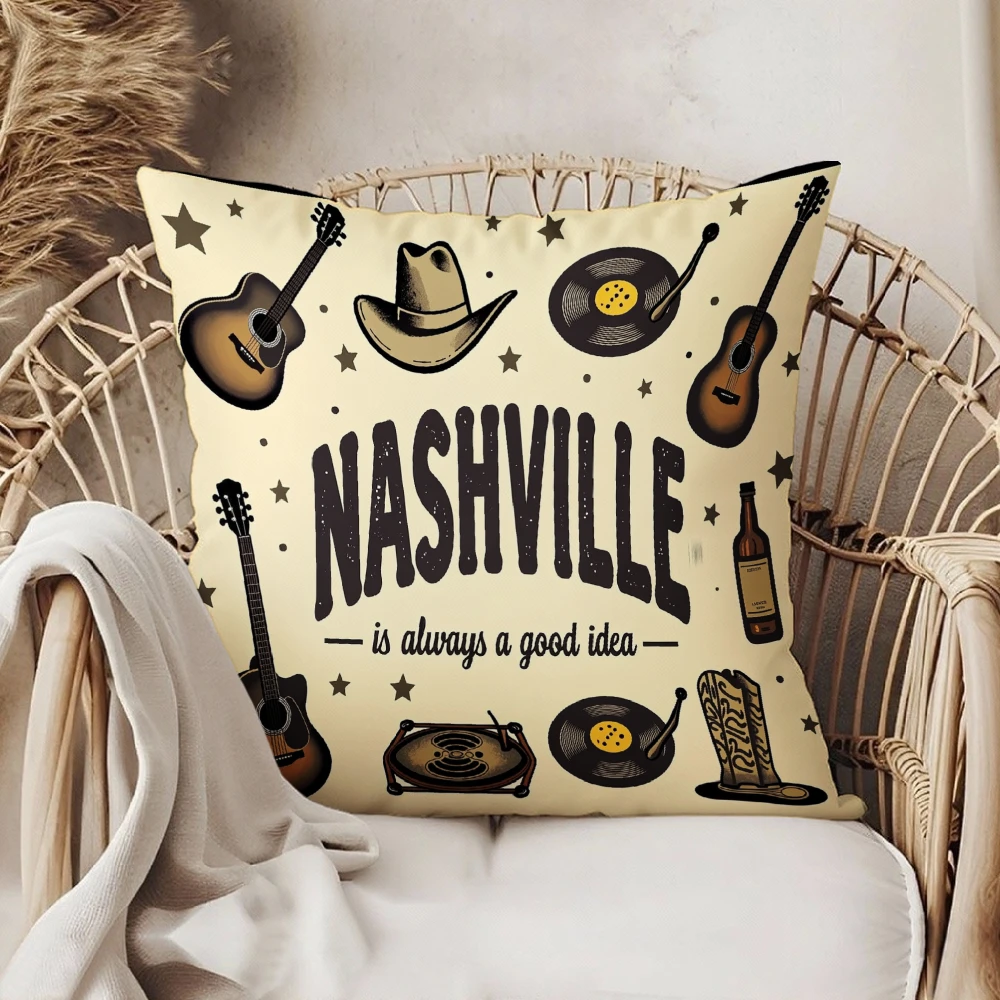 Square Throw Pillow Cream Nashville Is Always A Good Idea Guitar Cowboy Hat Vinyl Record Print Living Room Sofa Bedroom Decor