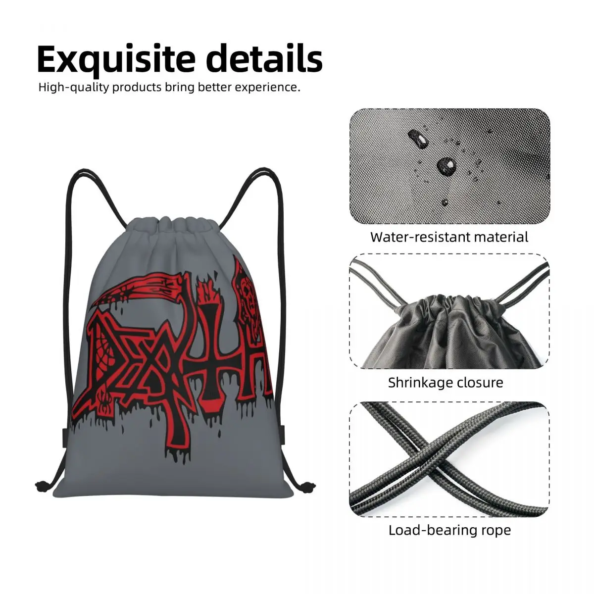 Death Band Drawstring Mochila, Ginásio Esportes, Resistente à água, Metal Music String Bags para Exercício