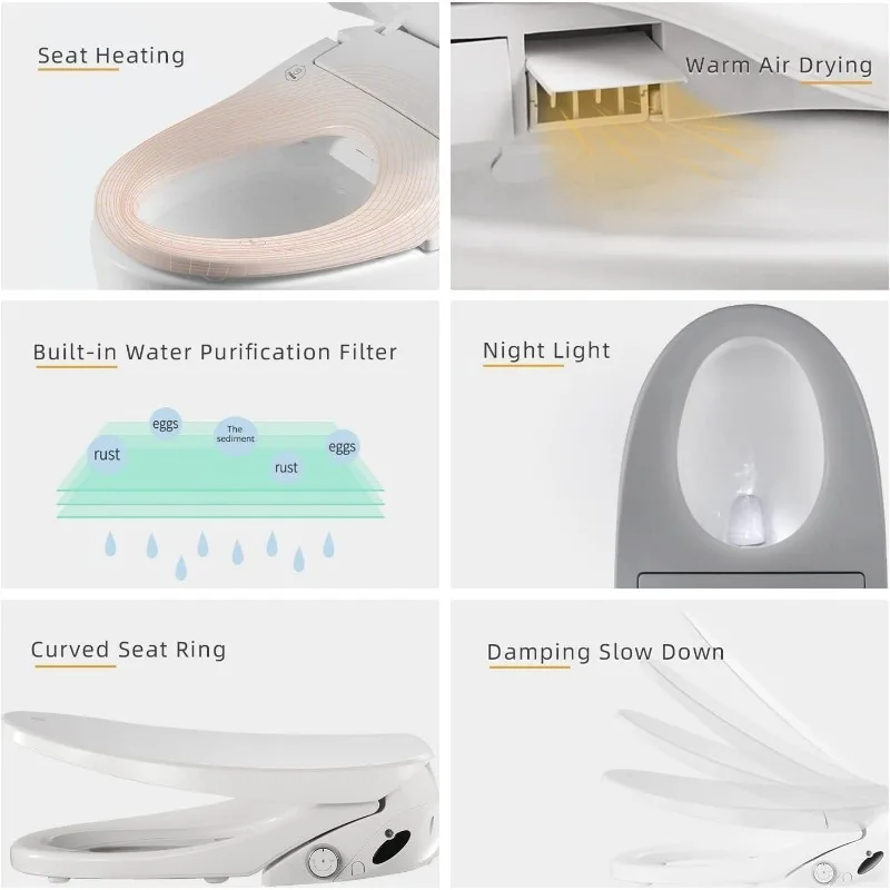 Accesorio de bidé para agua caliente de inodoro, secadora de aire, asiento de inodoro con calefacción, prehumedad, lavado delantero y trasero