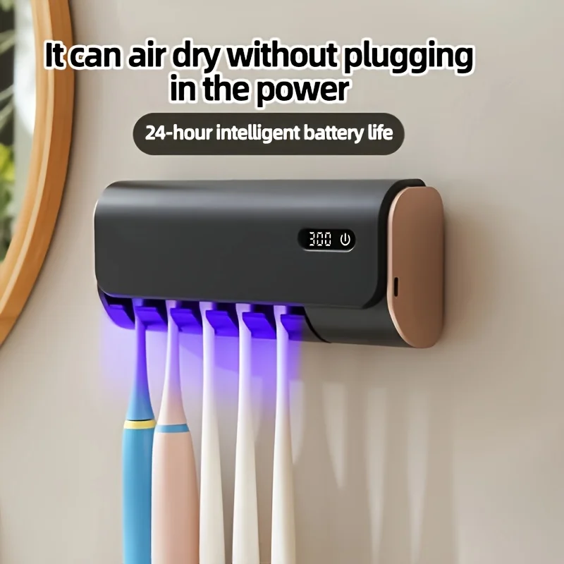 uvc-toothbrush-sterilizer-box-wall-mounted-no-drill-rechargeable-1800mah-led-display-5-hole-holder-dust-proof-bathroom-organizer