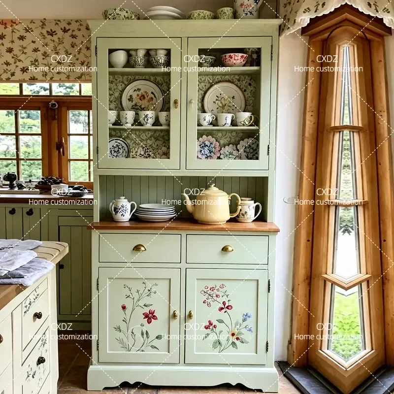 Retro Painted Side Cabinet Antique Hand-Painted Green Locker Kitchen Storage Cabinet Flower Cabinet