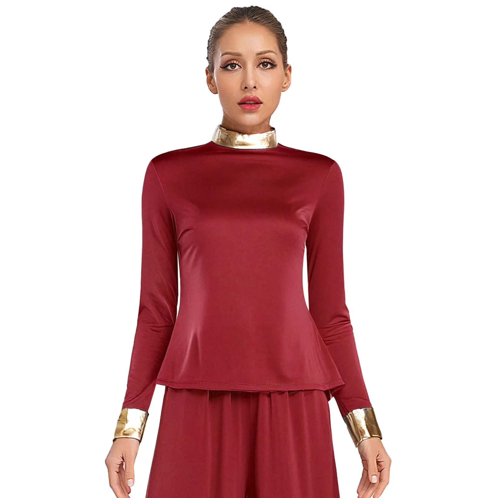 

Womens Lyrical Worship Praise Dance Tops Choir Church Costume Stand Collar Metallic Shiny Spliced Blouses for Dance Celebrations