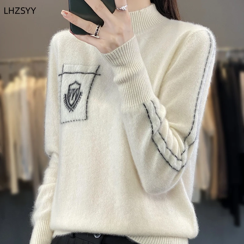 LHZSYY 100%Merino Wool Sweater Women Jacquard Loose Pullovers Autumn Winter Half-high-Neck Fashion Tops Cashmere Knit Base Shirt