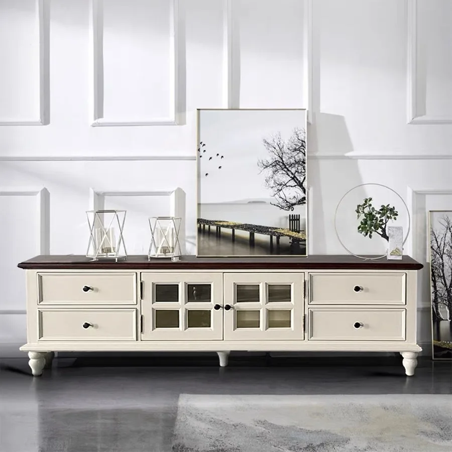 Mobile TV rurale americano in legno massello retrò bianco avorio soggiorno semplice mobile TV