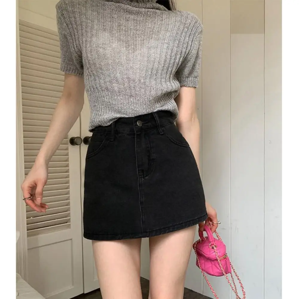 Classic High Waist Jean Skirt Stretchy Retro Denim Skirts Slim Fit A-Line Cargo Skirt Women