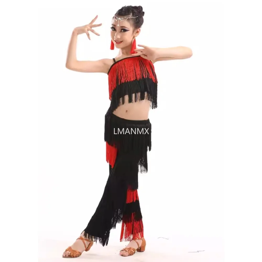 Nappa costumi di danza latina ragazze bambino Salsa sala da ballo frangia pantaloni da ballo costume adulto sala da ballo vestito top pantaloni