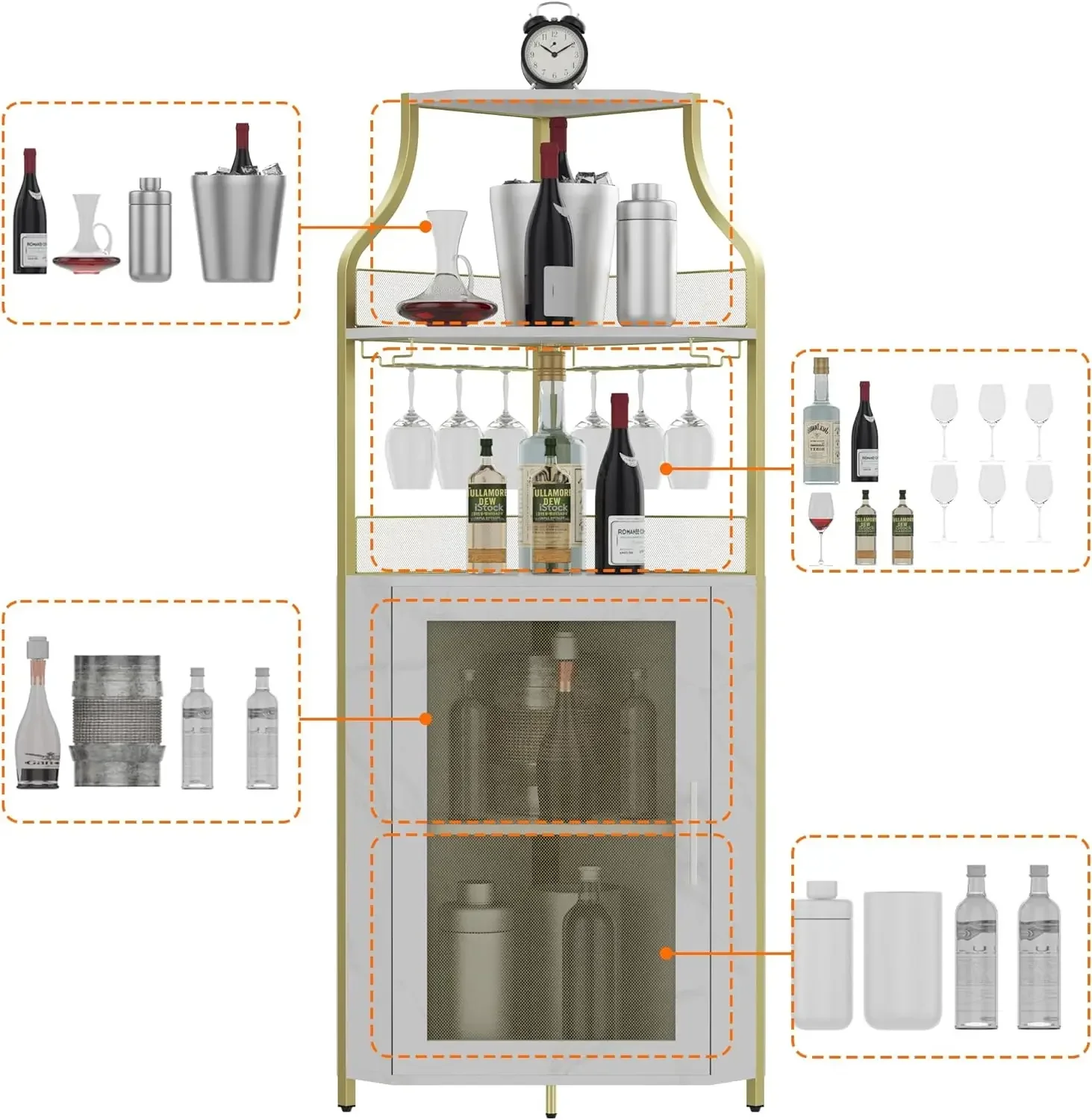 Armoire de bar à vin d'angle avec poignées amovibles, porte-verre T1, petit buffet et armoire de planche avec porte en maille