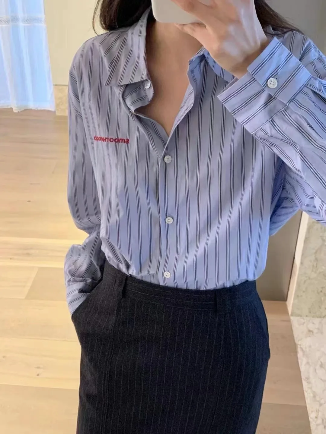 

Spring Casual Loose Striped irt Smoothood Simple Contrast Color Blo Top Women's Faion Warm Long Sve Button up