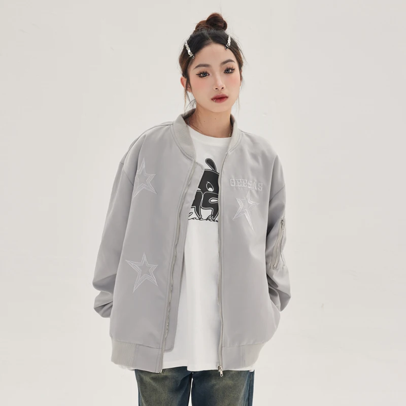 Y2k Dark Brown Bomber for Women, Korean Varsity Streetwear, Oversized Thin Coat, Loose Top, Zipper, Casual, Autumn, 2024