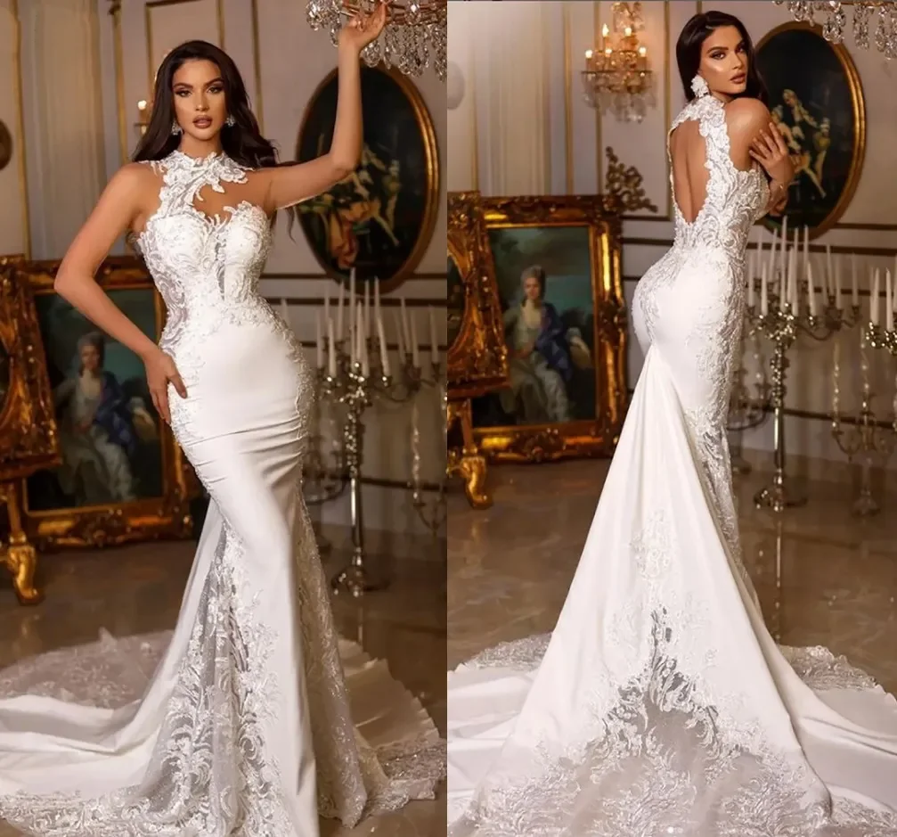 

Modest Satin Mermaid Wedding Gowns For Women Sexy Open Back Appliqued Lace Robes de Mariee Court Train High Collar Bride Dresses