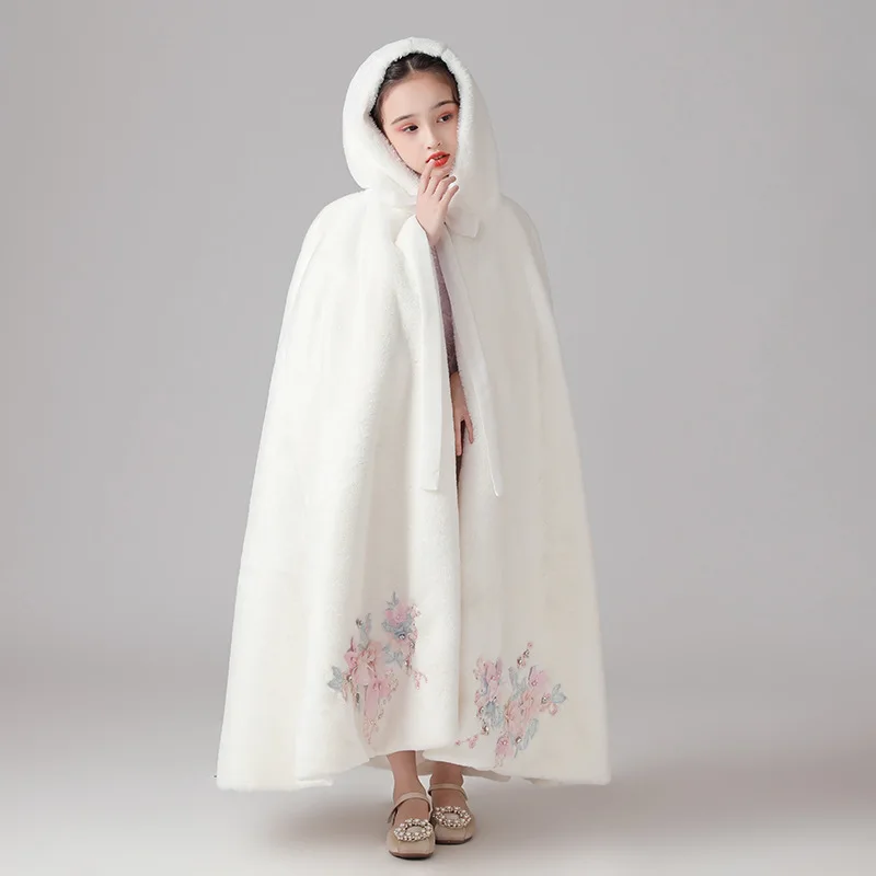 Winter Autunm Kids Embroidery Cotton-padded Clothes Children's Cloak Girl's Long Thickened Princess Chinese Lovely Shawl