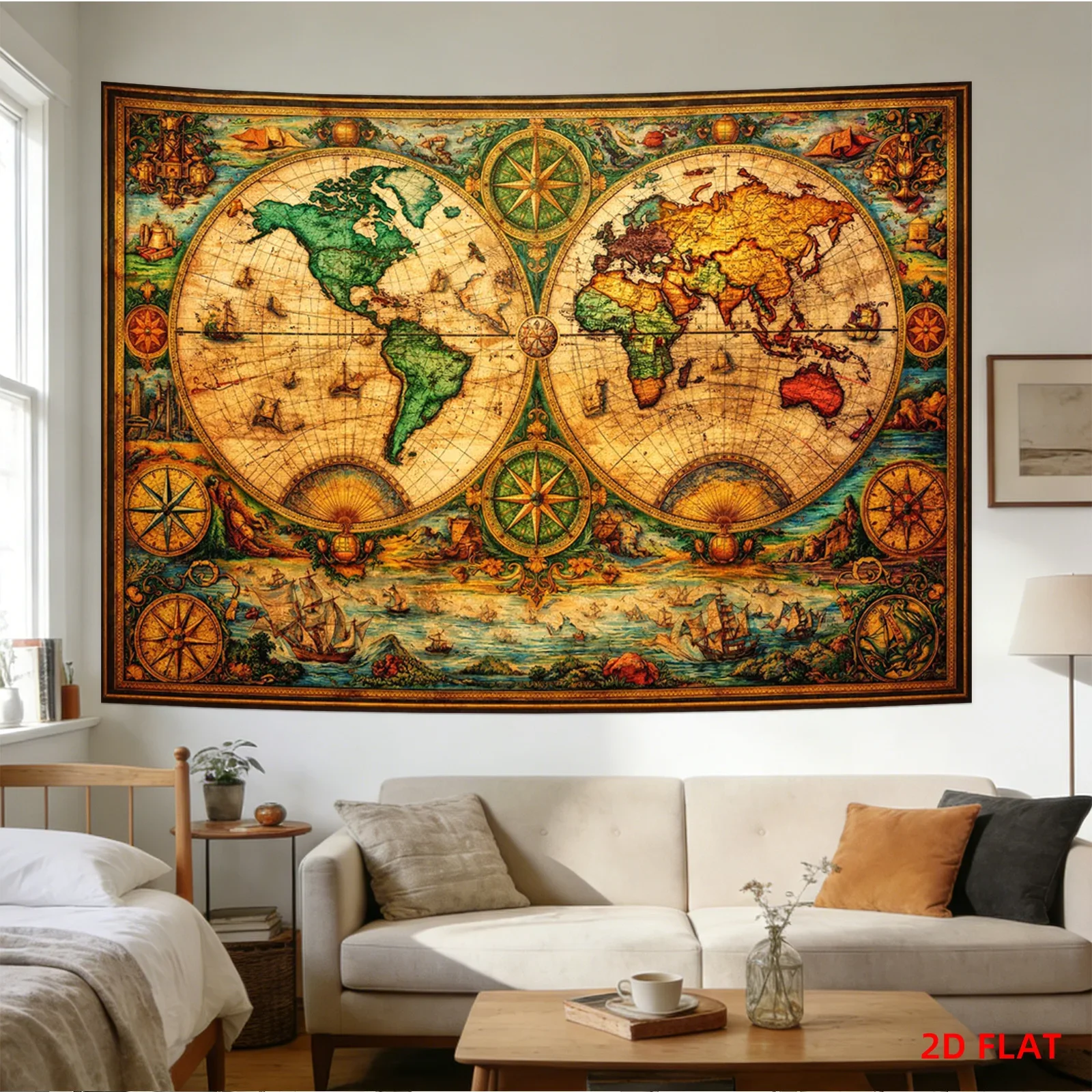 Massive Vintage World Map Tapestry Nautical Exploration Global Cartography Polyester Wall Art Bohemian Coastal Style House Decor