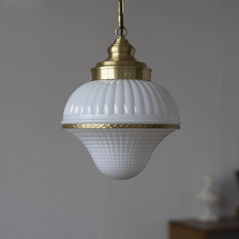 French Cream Style Brass Glass Pendant Lights Restaurant Retro Bedroom Coffee Shop LED Suspension Lamps Indoor Luminaires Cafe