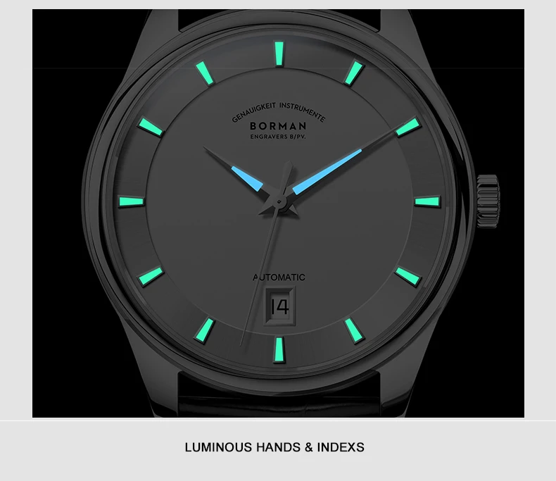 BORMAN Relógio Automático Masculino 39mm Relógio de Pulso Mecânico Ultrafino 5Bar À Prova D 'Água Safira Luminosa