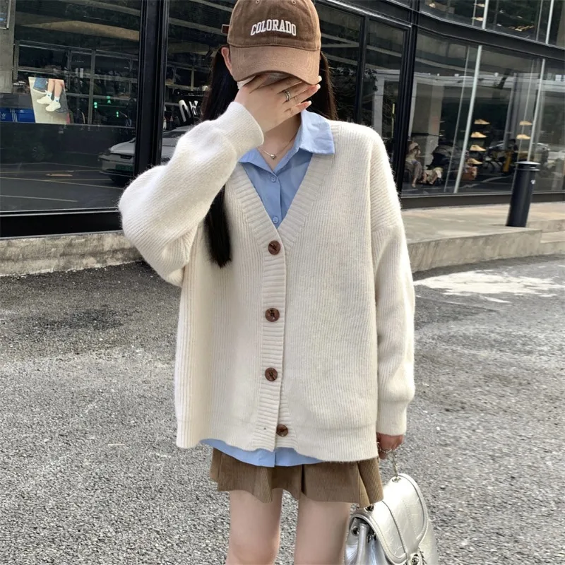 

Korean Version V-neck Retro Lazy Loose Sweater Jacket Autumn Winter New Solid Color Simple Temperament Knitted Cardigan Women