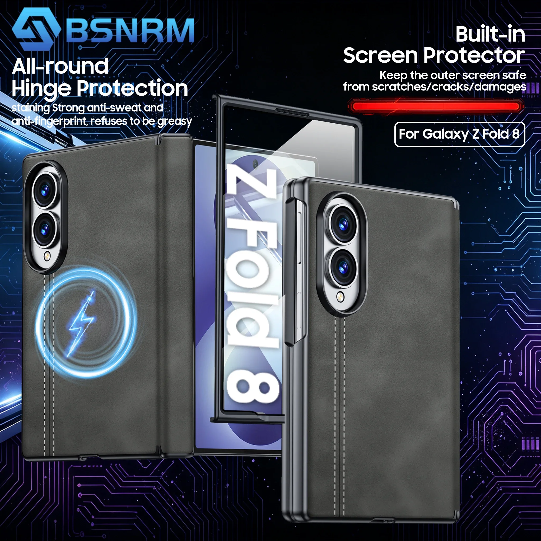 For Galaxy Z Fold 8 Leather Case With Screen Protector Hinge Protection Wireless Charging,Shockproof Phone Shell-Black