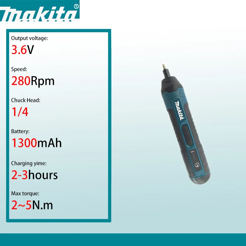 ماكيتا مفك كهربائي لاسلكي |   عزم دوران 3.6 فولت 5 نيوتن متر |   ظرف 1/4 بوصة |   بطارية ليثيوم أيون 1300 مللي أمبير