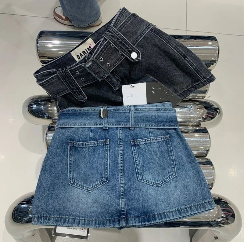 Y2K Belt Denim Mini Skirts Women Streetwear Club High Waist Jeans Skirt Vintage Harajuku Korean Slim All Match A Line Skirt New