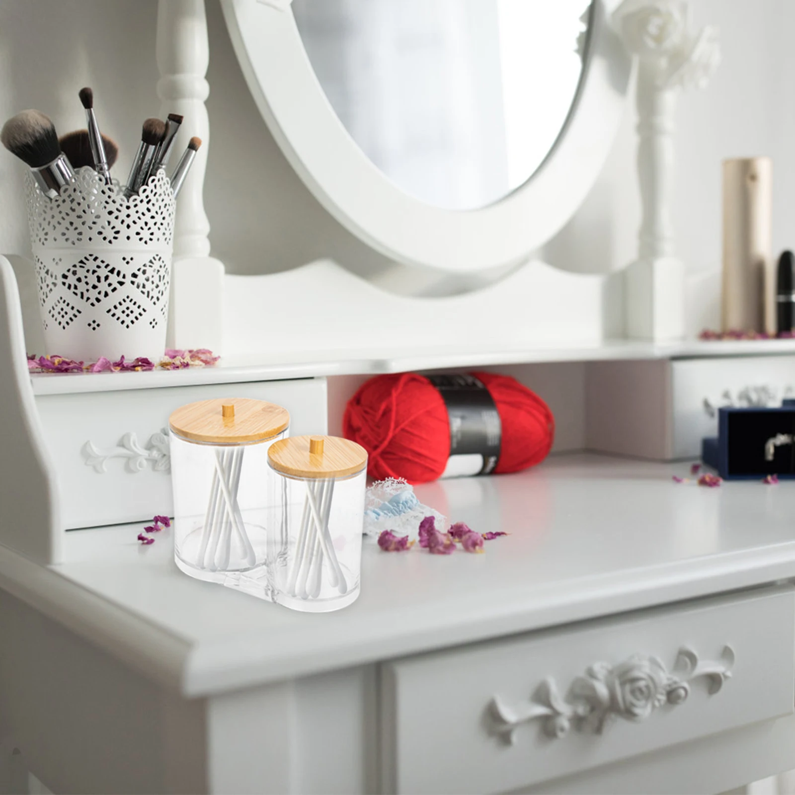 

Cotton Swab Storage Box Makeup Cotton Holder Compact Size Lightweight Sturdy Structure Wood Lid Dust Protection Space Saving