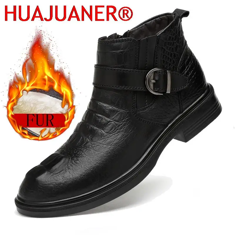 

Winter High Quality Leather Boots Thick Sole Leather Chelsea Men Boots Black Business Dress Boots Crocodile Pattern Casual Boots