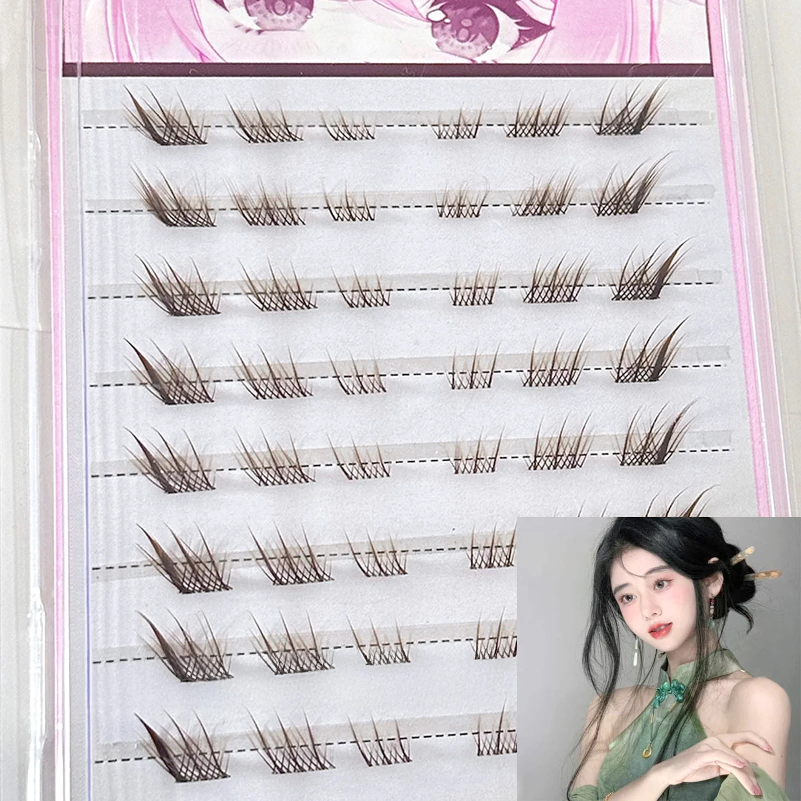 10 Rows Brown Single Cluster False Eyelashes Anime Fox-eye cat Segmented Natural Thick curled up Volume For Cosplay Party makeup