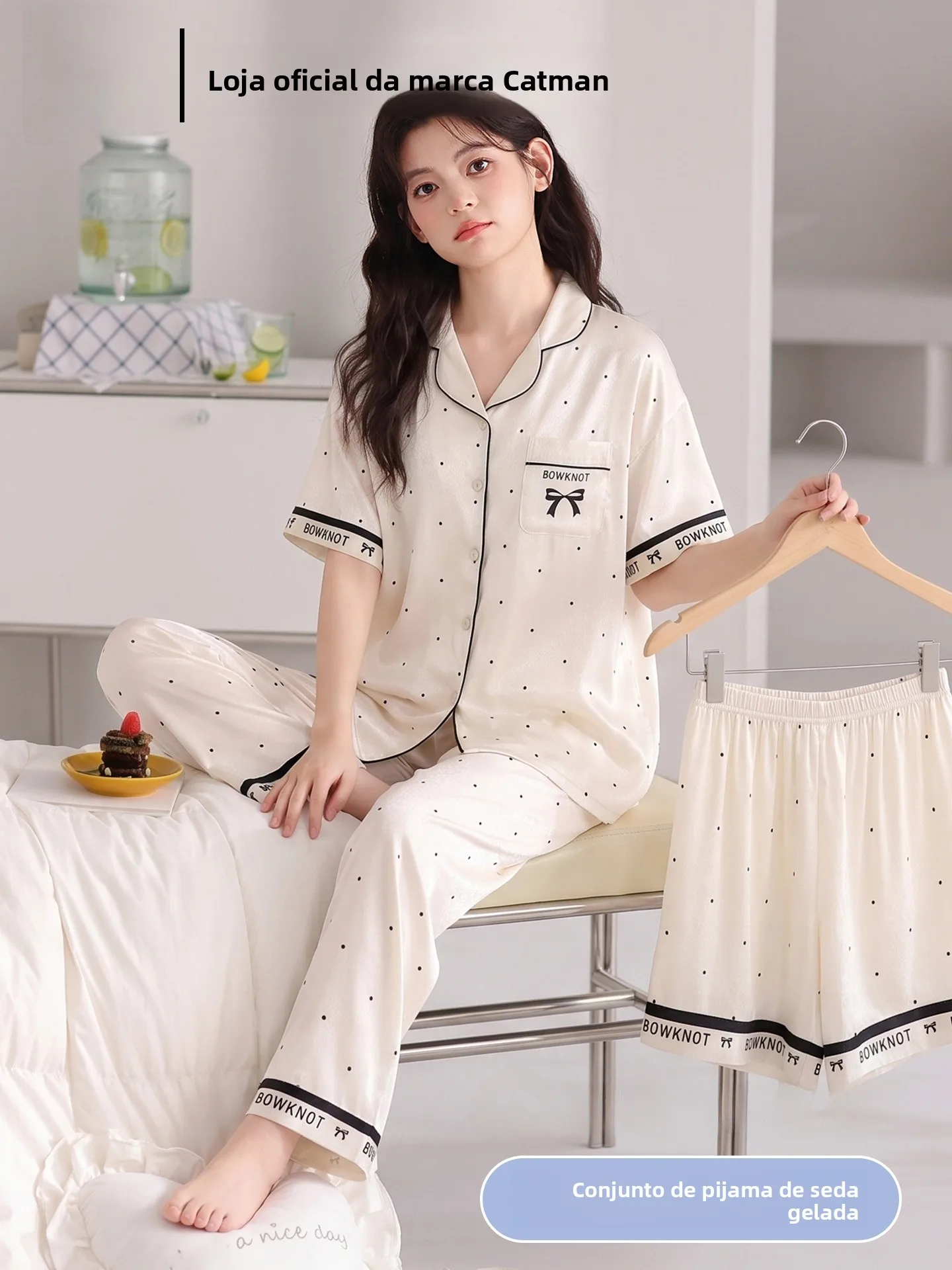 woman-summer-new-ice-silk-sleepwear-short-sleeve-three-piece-set-polka-dot-cool-feeling-can-wear-outdoor-home-clothes-set